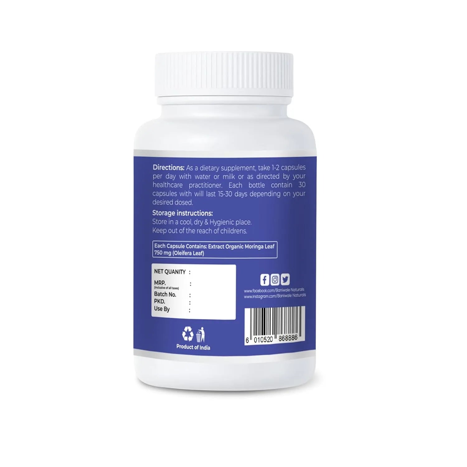 Baniwale Naturals Moringa Capsules 750MG